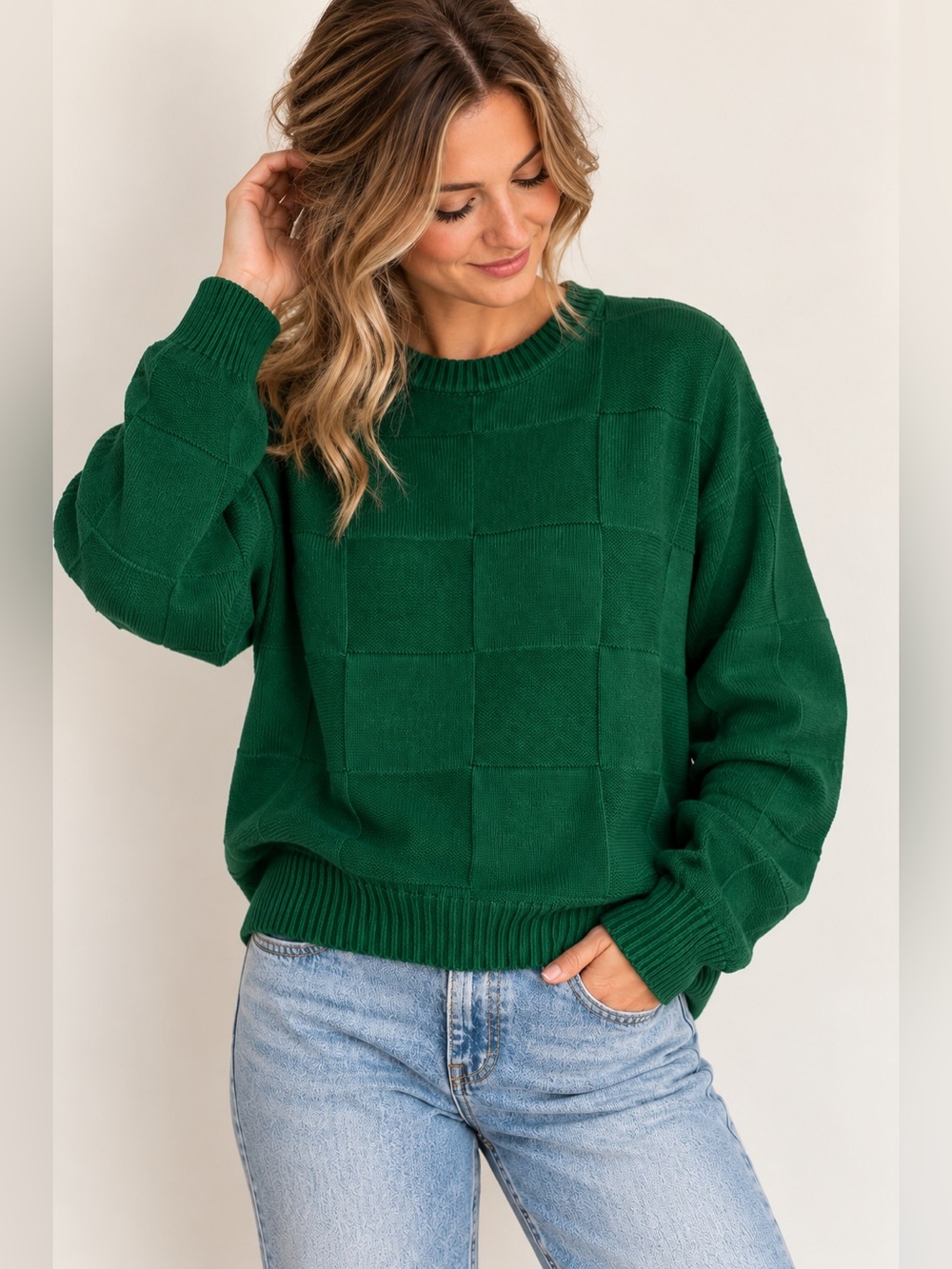 Alexander Julian Colours Women’s L Green Checkerboard Knit 100% Cotton Sweater